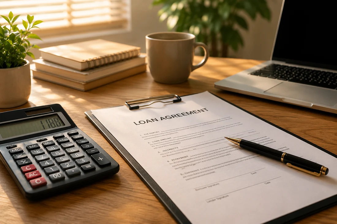 A loan agreement on a clipboard beside a calculator and pen